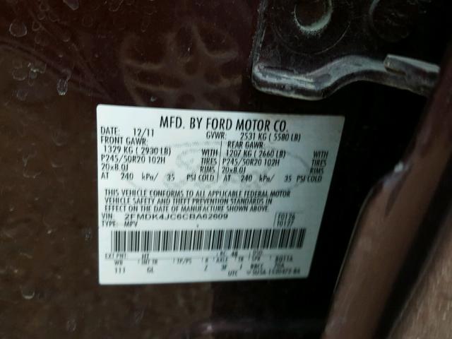 2FMDK4JC6CBA62609 - 2012 FORD EDGE SEL PURPLE photo 10