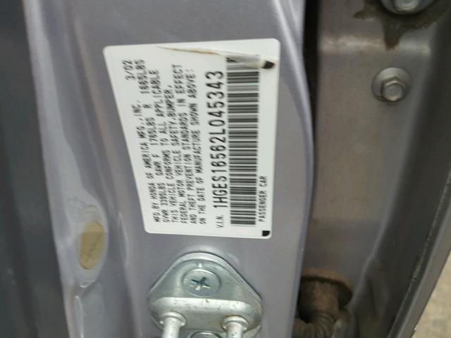 1HGES16562L045343 - 2002 HONDA CIVIC LX SILVER photo 10