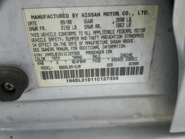 1N4DL01D11C127355 - 2001 NISSAN ALTIMA XE GRAY photo 10