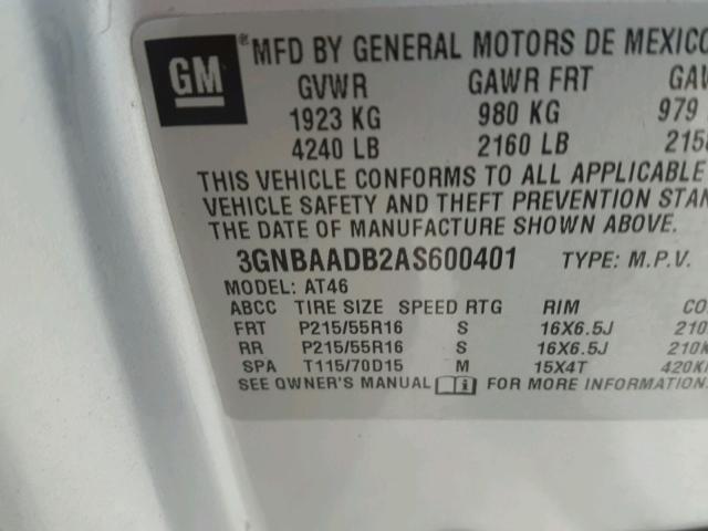3GNBAADB2AS600401 - 2010 CHEVROLET HHR LS SILVER photo 10