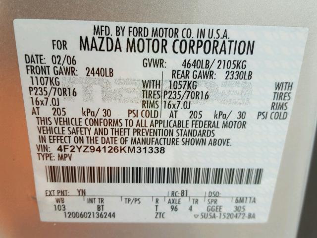 4F2YZ94126KM31338 - 2006 MAZDA TRIBUTE S GRAY photo 10