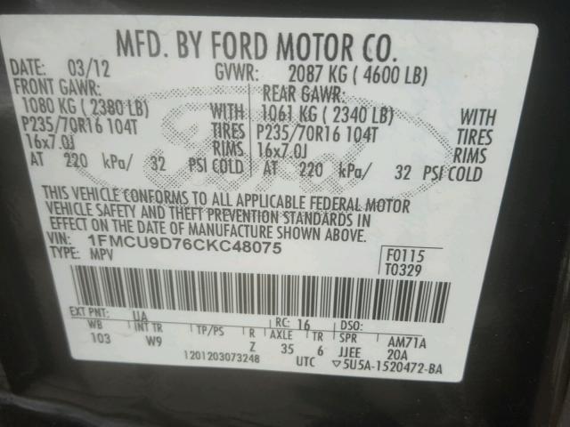 1FMCU9D76CKC48075 - 2012 FORD ESCAPE XLT BLACK photo 10