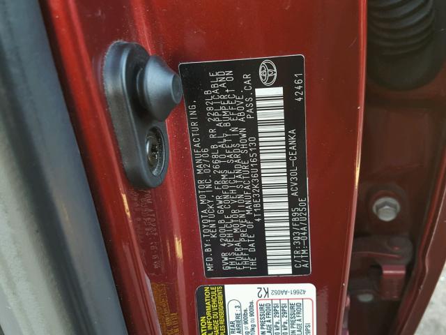 4T1BE32K36U165130 - 2006 TOYOTA CAMRY LE BURGUNDY photo 10