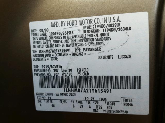 1LNHM87A21Y615491 - 2001 LINCOLN LS GREEN photo 10