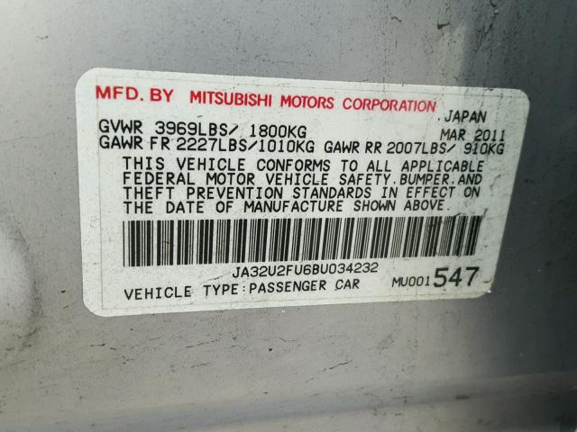 JA32U2FU6BU034232 - 2011 MITSUBISHI LANCER ES/ GRAY photo 10