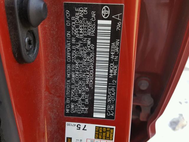 JTDKB20U493535149 - 2009 TOYOTA PRIUS RED photo 10