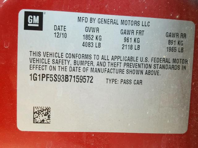 1G1PF5S93B7159572 - 2011 CHEVROLET CRUZE LT RED photo 10