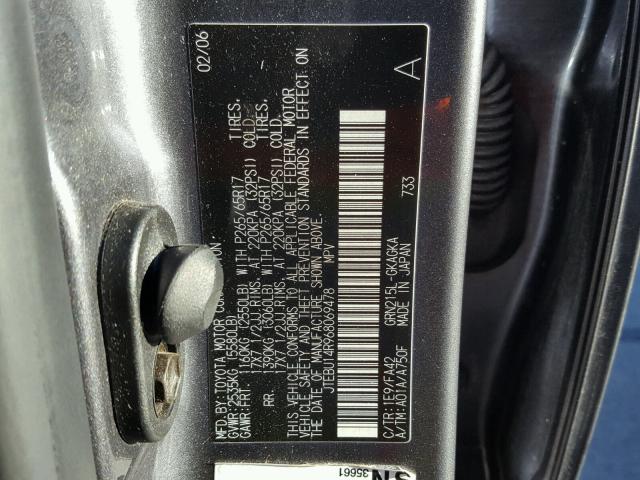 JTEBU14R968069478 - 2006 TOYOTA 4RUNNER SR GRAY photo 10