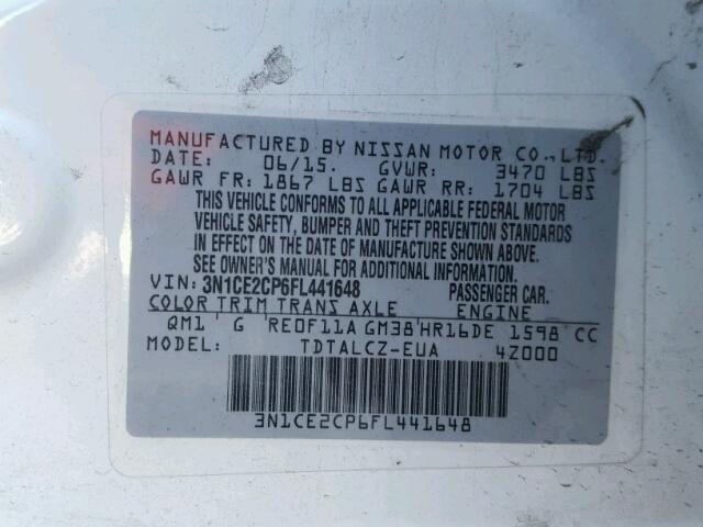 3N1CE2CP6FL441648 - 2015 NISSAN VERSA NOTE CREAM photo 10