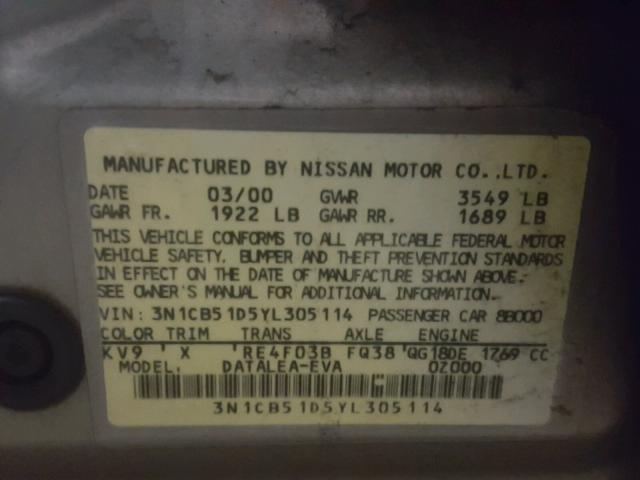 3N1CB51D5YL305114 - 2000 NISSAN SENTRA BAS TAN photo 10