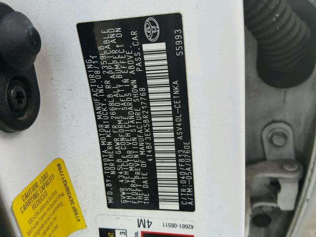 4T4BF3EK5BR217768 - 2011 TOYOTA CAMRY BASE WHITE photo 10