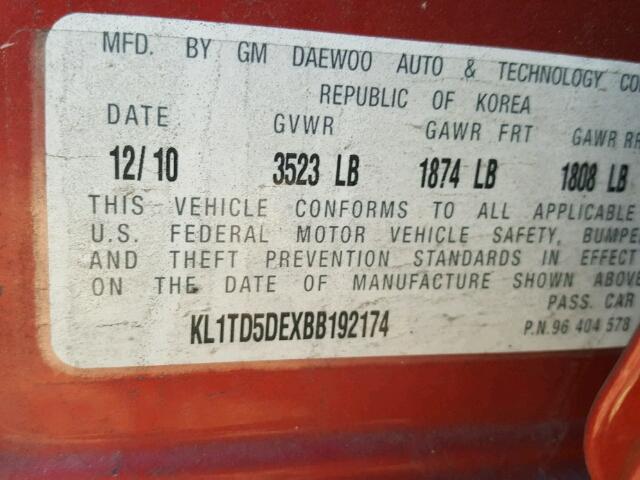 KL1TD5DEXBB192174 - 2011 CHEVROLET AVEO LS 红色 照片 10