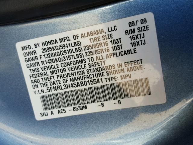 5FNRL3H45AB015541 - 2010 HONDA ODYSSEY EX BLUE photo 10