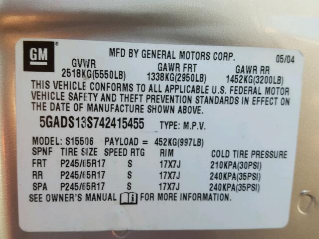 5GADS13S742415455 - 2004 BUICK RAINIER CX SILVER photo 10