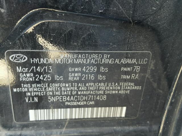 5NPEB4AC1DH711408 - 2013 HYUNDAI SONATA GLS BLACK photo 10