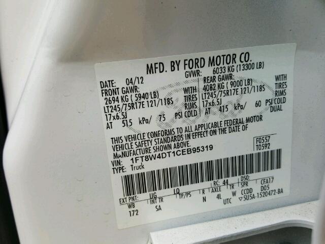 1FT8W4DT1CEB95319 - 2012 FORD F450 WHITE photo 10