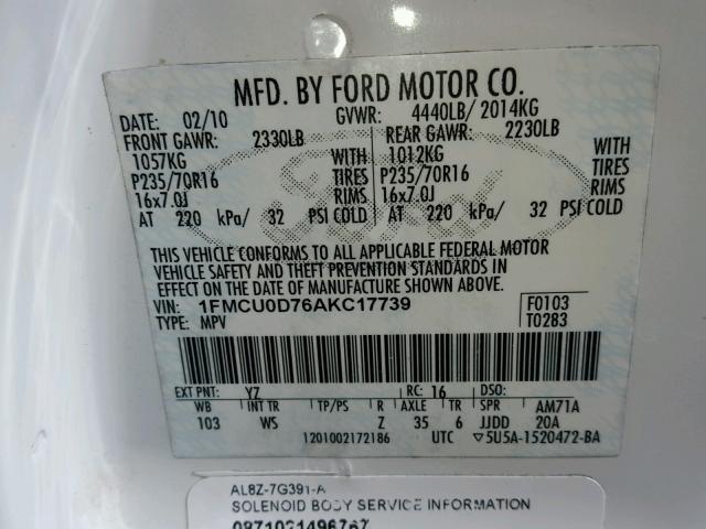 1FMCU0D76AKC17739 - 2010 FORD ESCAPE XLT WHITE photo 10