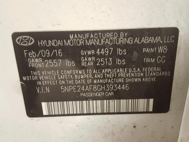 5NPE24AF8GH393446 - 2016 HYUNDAI SONATA SE WHITE photo 10