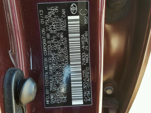 JTDKN3DU6D5590769 - 2013 TOYOTA PRIUS BURGUNDY photo 10