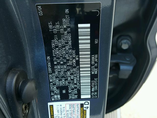 JTEDP21A940030776 - 2004 TOYOTA HIGHLANDER BLUE photo 10