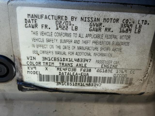 3N1CB51DX1L483347 - 2001 NISSAN SENTRA XE GRAY photo 10