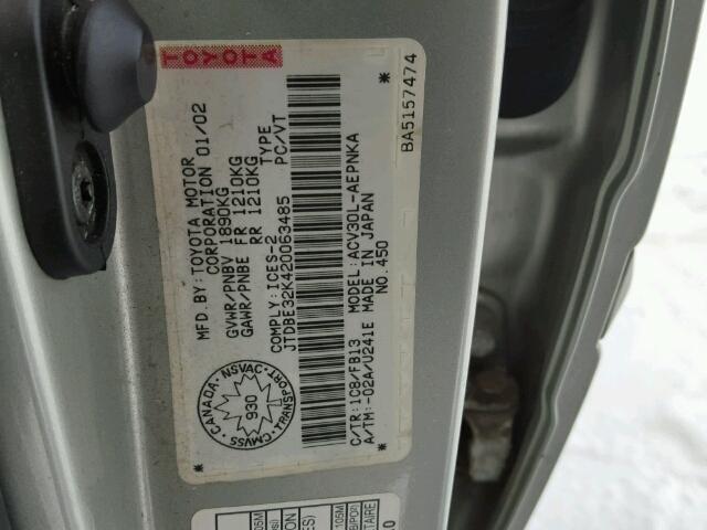 JTDBE32K420063485 - 2002 TOYOTA CAMRY LE SILVER photo 10