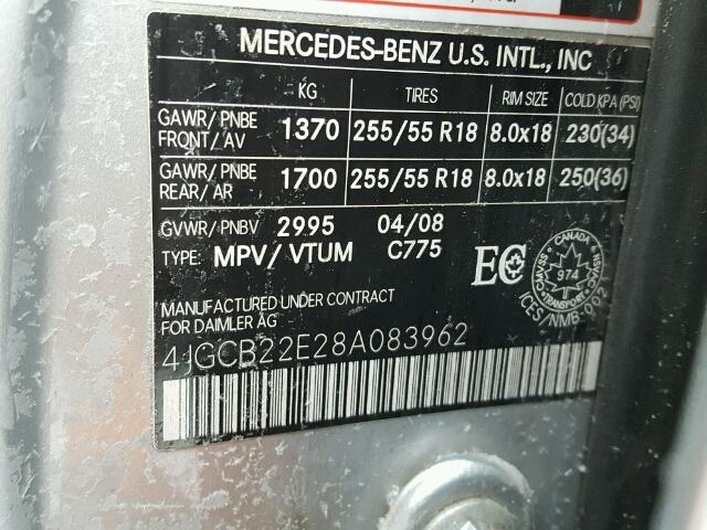 4JGCB22E28A083962 - 2008 MERCEDES-BENZ R 320 CDI SILVER photo 10