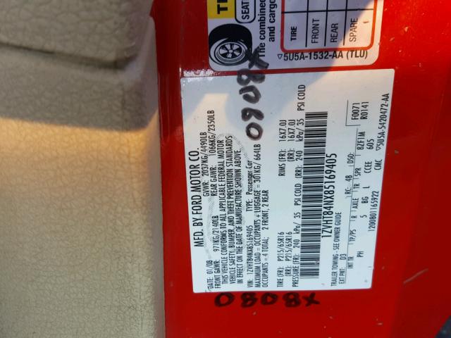 1ZVHT84NX85169405 - 2008 FORD MUSTANG RED photo 10