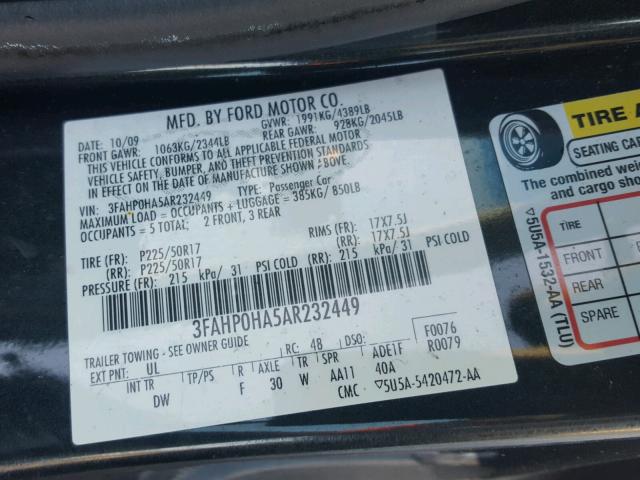 3FAHP0HA5AR232449 - 2010 FORD FUSION SE BLACK photo 10