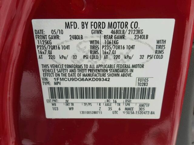 1FMCU9DG6AKD09342 - 2010 FORD ESCAPE XLT RED photo 10