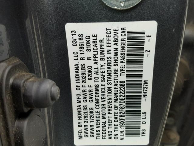 19XFB2F87DE222366 - 2013 HONDA CIVIC EX CHARCOAL photo 10