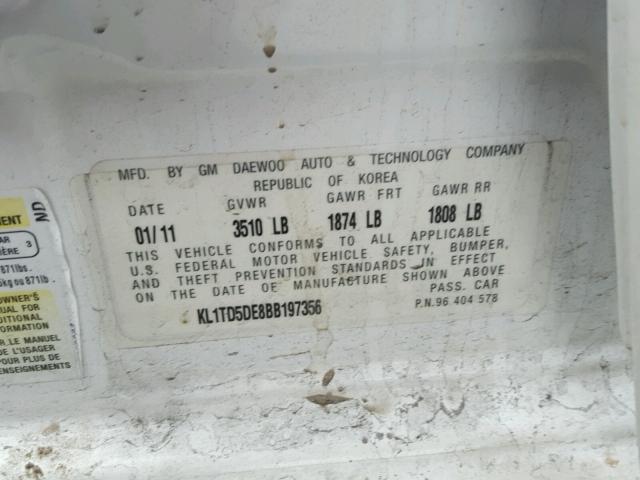 KL1TD5DE8BB197356 - 2011 CHEVROLET AVEO LS WHITE photo 10