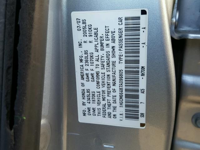 1HGCM66487A096805 - 2007 HONDA ACCORD SE SILVER photo 10