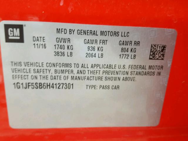 1G1JF5SB6H4127301 - 2017 CHEVROLET SONIC PREM RED photo 10