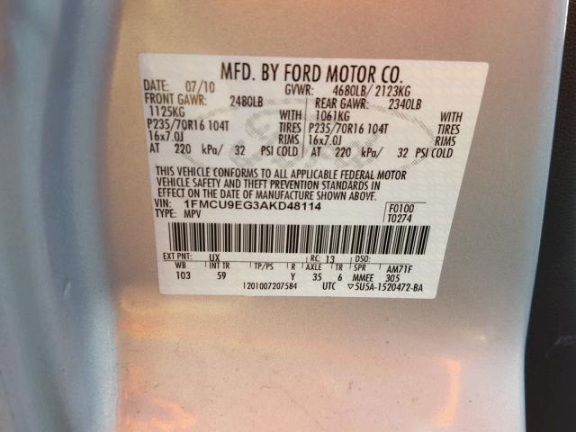 1FMCU9EG3AKD48114 - 2010 FORD ESCAPE LIM SILVER photo 10