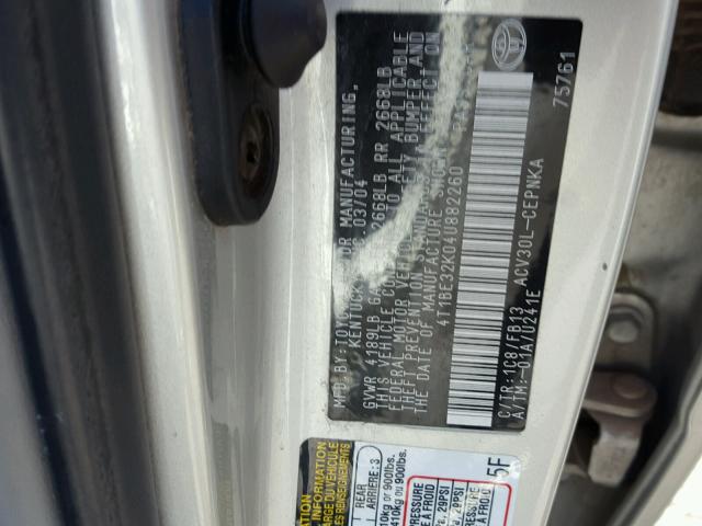 4T1BE32K04U882260 - 2004 TOYOTA CAMRY LE SILVER photo 10