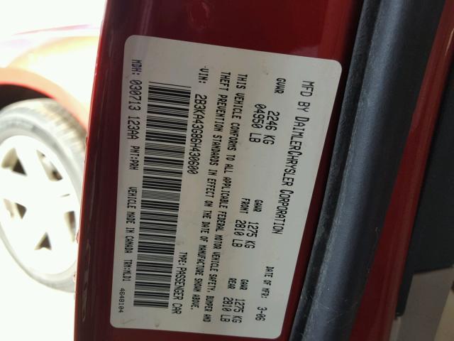 2B3KA43G86H430600 - 2006 DODGE CHARGER SE RED photo 10