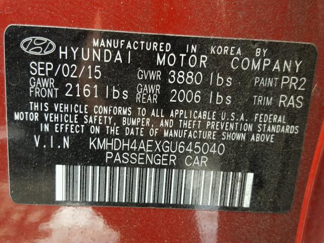 KMHDH4AEXGU645040 - 2016 HYUNDAI ELANTRA SE RED photo 10