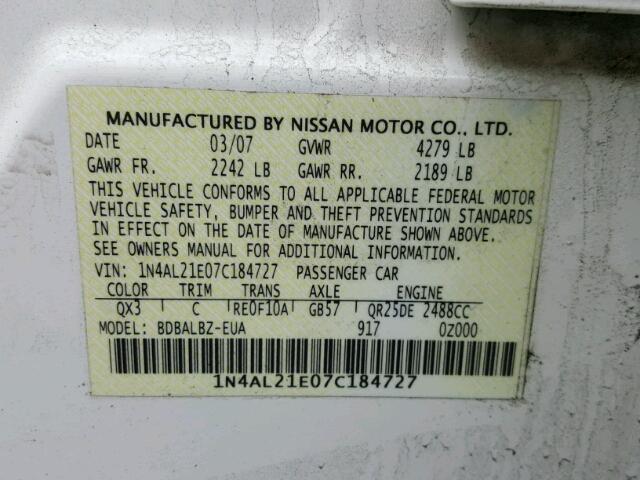 1N4AL21E07C184727 - 2007 NISSAN ALTIMA 2.5 WHITE photo 10