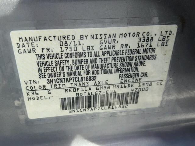 3N1CN7AP7CL816832 - 2012 NISSAN VERSA S SILVER photo 10