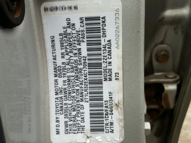 2T1LR32EX4C170942 - 2004 TOYOTA COROLLA MA SILVER photo 10