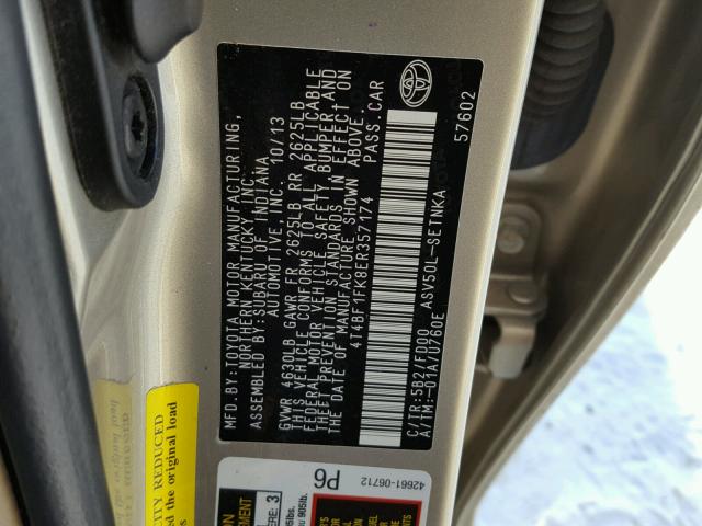 4T4BF1FK8ER357174 - 2014 TOYOTA CAMRY L GOLD photo 10