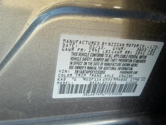 3N1AB7AP6FY230856 - 2015 NISSAN SENTRA S GRAY photo 10