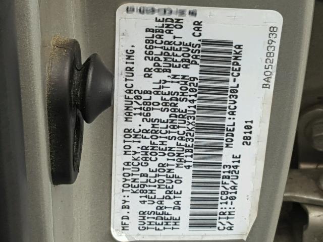 4T1BE32KX3U141029 - 2003 TOYOTA CAMRY LE SILVER photo 10