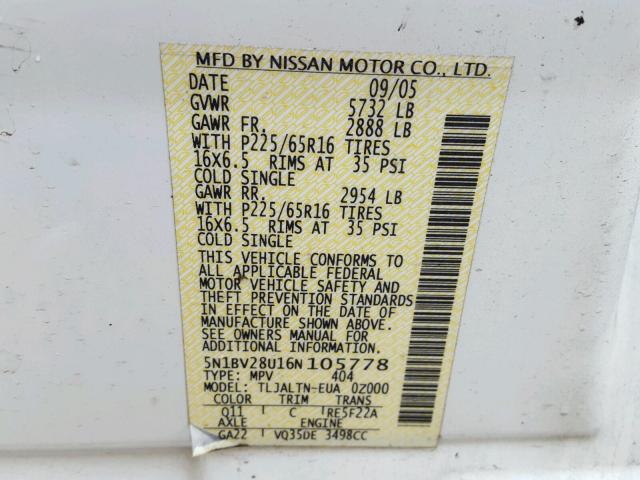 5N1BV28U16N105778 - 2006 NISSAN QUEST S WHITE photo 10