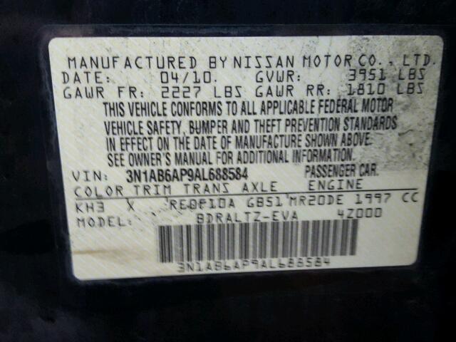 3N1AB6AP9AL688584 - 2010 NISSAN SENTRA 2.0 BLACK photo 10