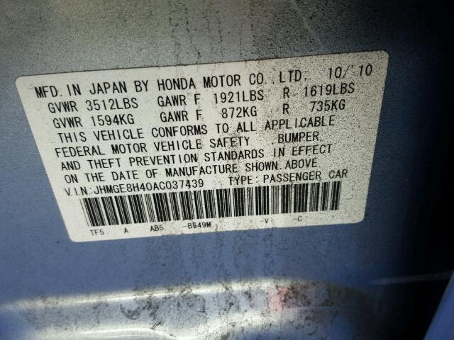 JHMGE8H40AC037439 - 2010 HONDA FIT SPORT BLUE photo 10