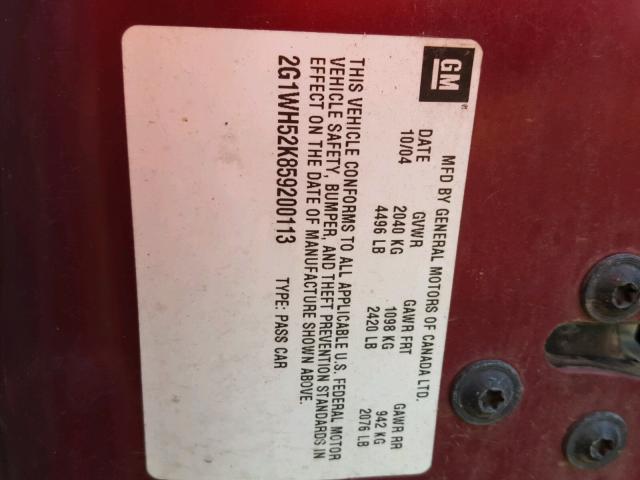 2G1WH52K859200113 - 2005 CHEVROLET IMPALA LS BURGUNDY photo 10