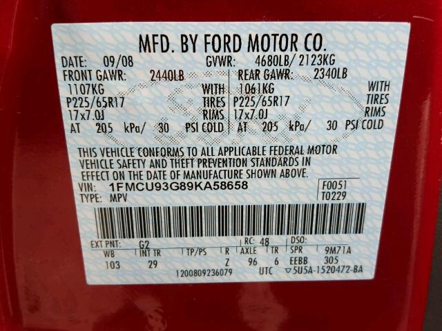 1FMCU93G89KA58658 - 2009 FORD ESCAPE XLT RED photo 10