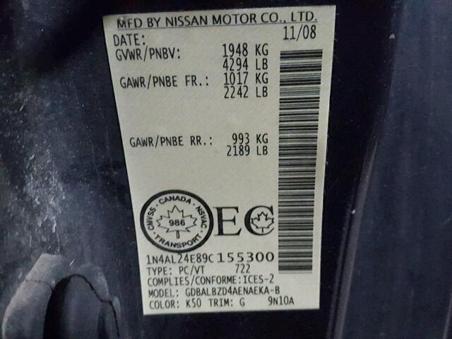 1N4AL24E89C155300 - 2009 NISSAN ALTIMA 2.5 GRAY photo 10